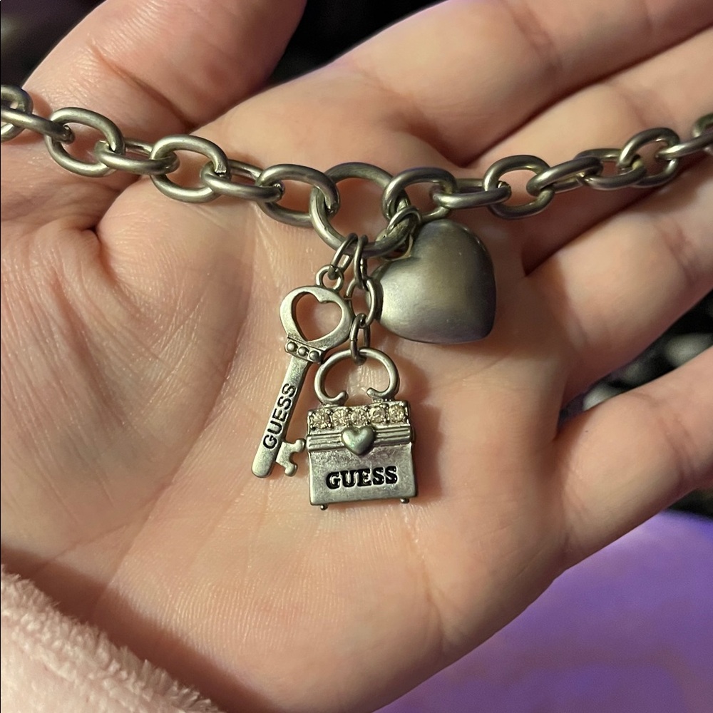 Guess Silver Key, Lock and Heart Charm Necklace- Y2K RARE- ADORABLE